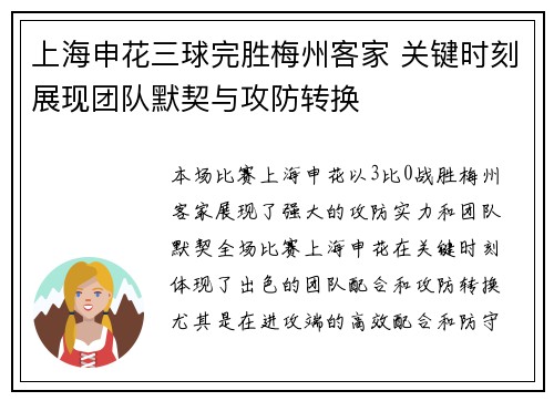 上海申花三球完胜梅州客家 关键时刻展现团队默契与攻防转换